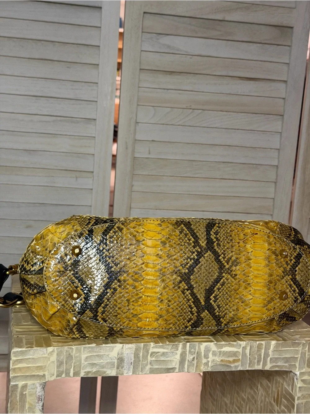 Elaine Turner Yellow Retro Snake-Print Satchel Handbag with Black Trim